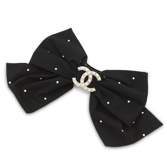 CHANEL CC Logo Pearl Ribbon Barrette Cotton100%/Faux Pearl Black - Picture 2 of 9